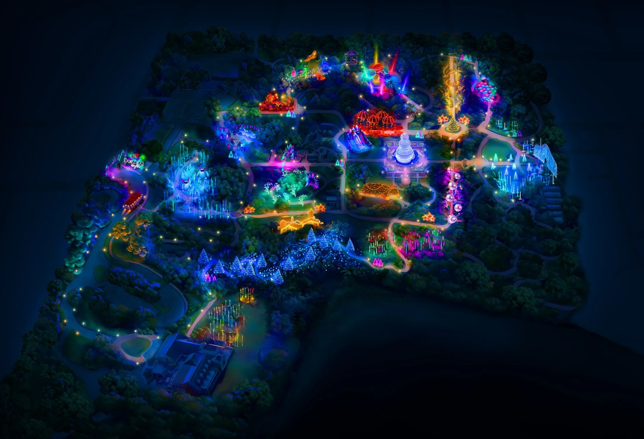 Stylized map of Dazzling Nights 2026 at Leu Gardens