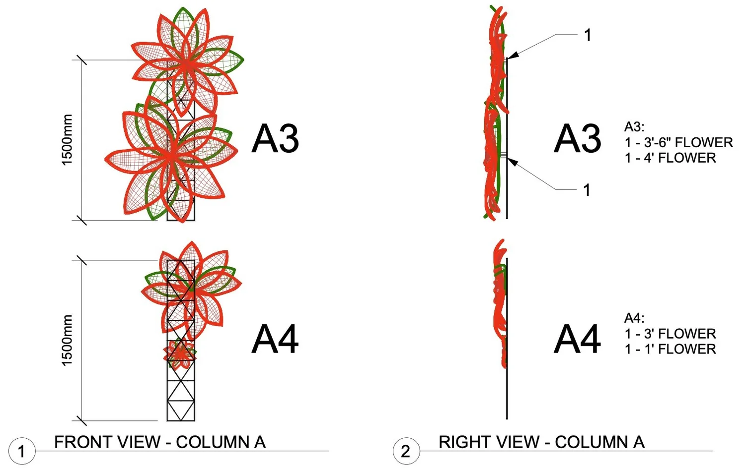 Front and side design drawings for two unique poinsettia lighting clusters