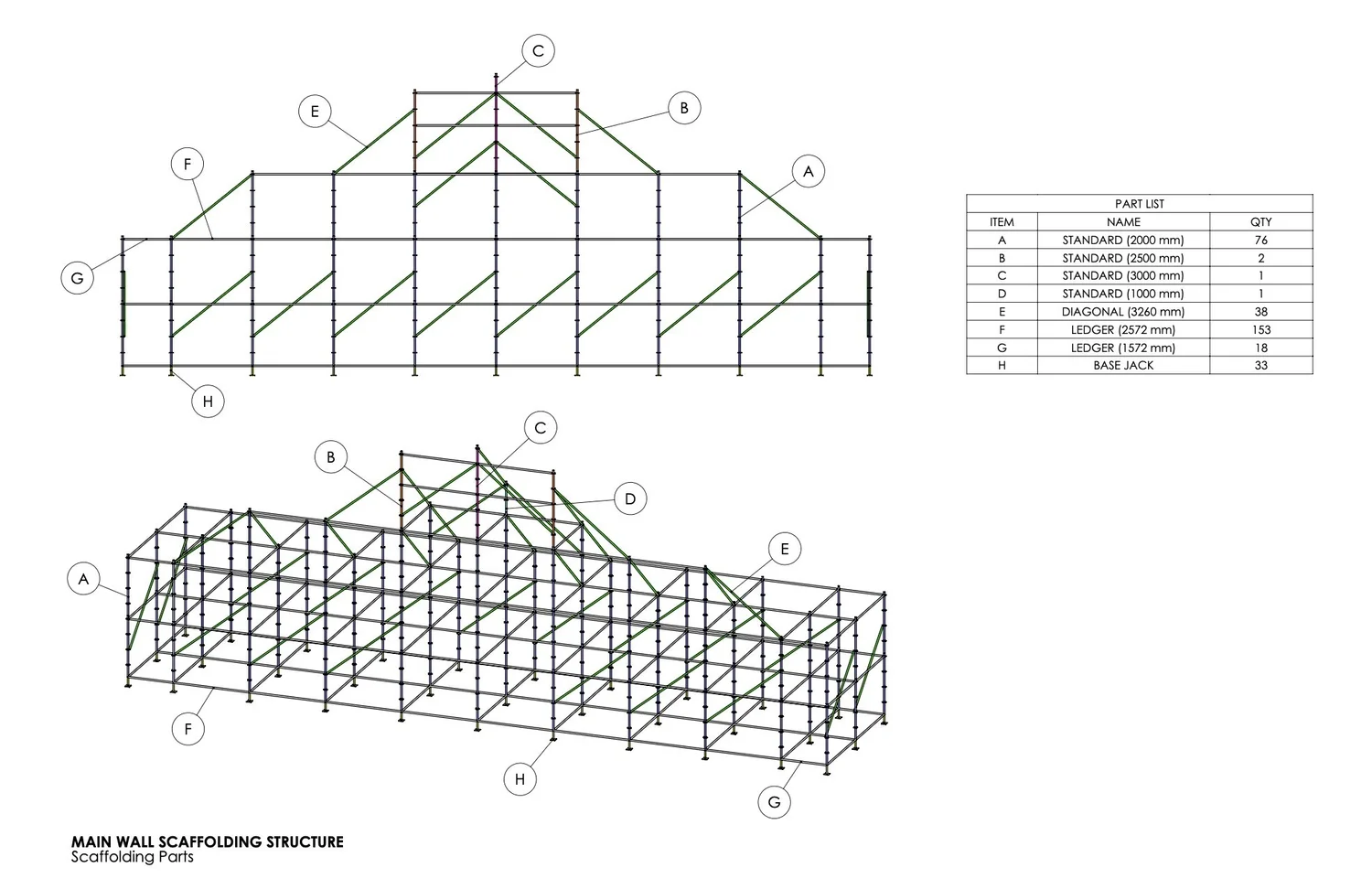 Front and perspective technical drawings of the custom steel support structure
