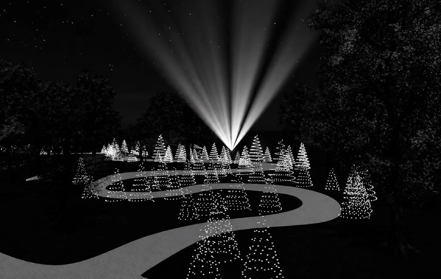 Ground-level monochrome lighting visualization showing programmed trees and moving white beams along the Polar Nights pathway