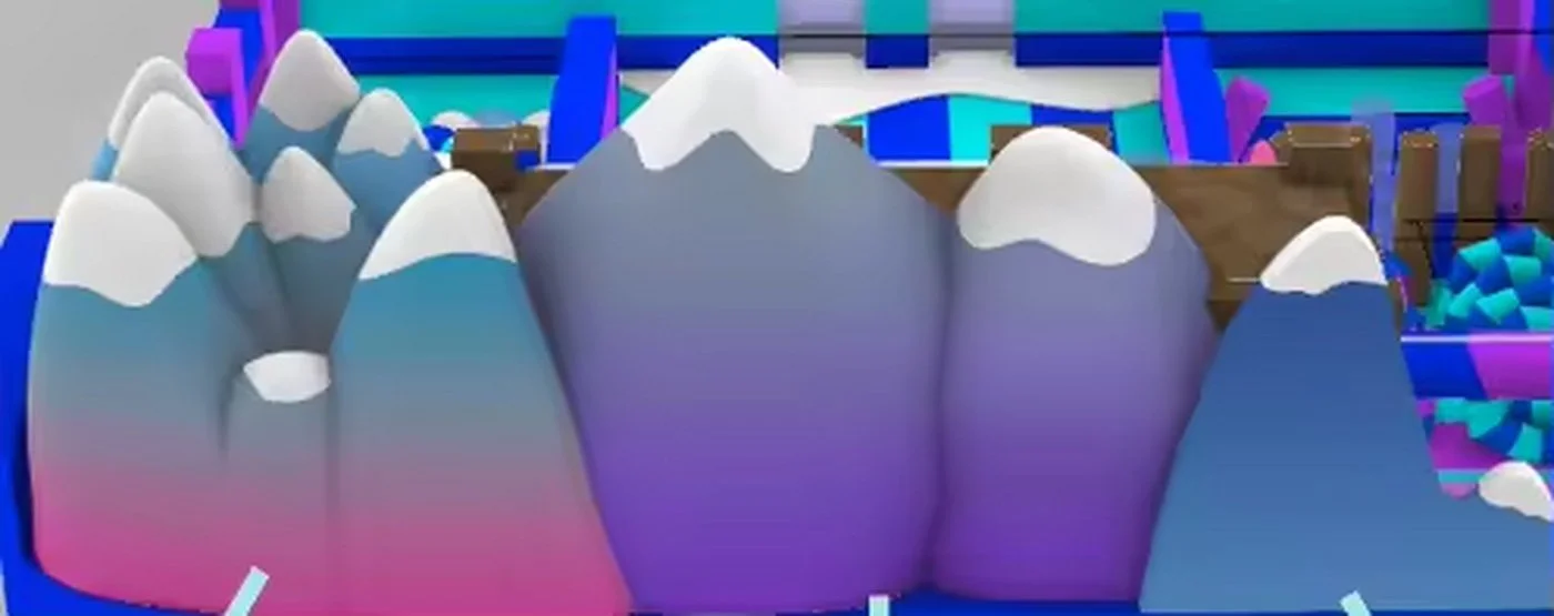 3D model showing the layered snow-covered mountain façade