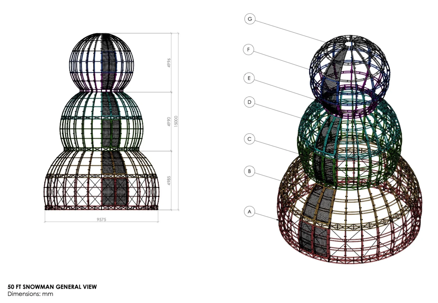 General structural views and dimensions of the 50-foot snowman