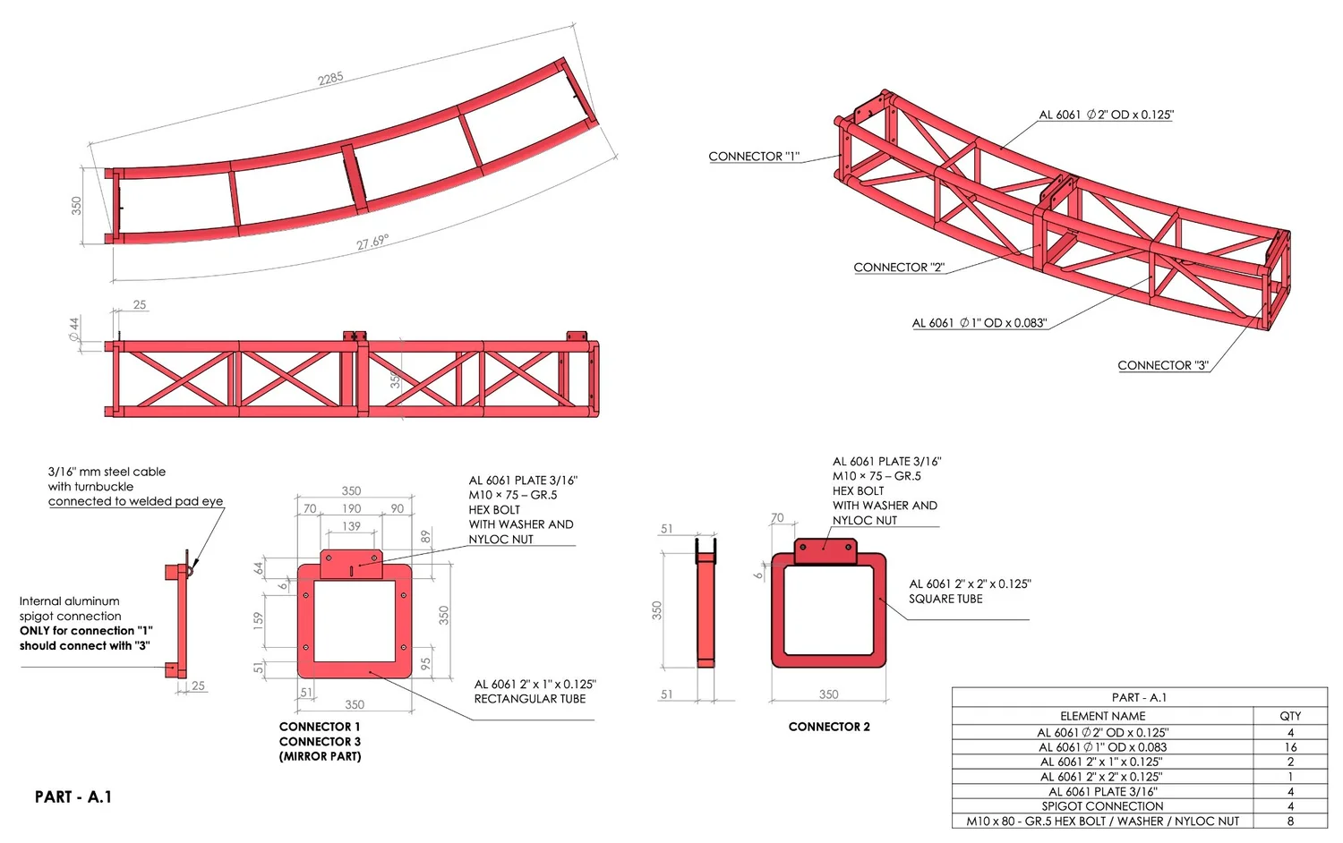 Detailed engineering drawings for curved metal sections of the snowman