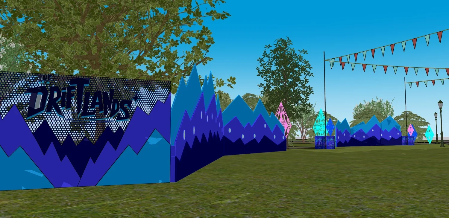 Digital model showing angular blue mountains, glowing geometric forms and the Driftlands entrance