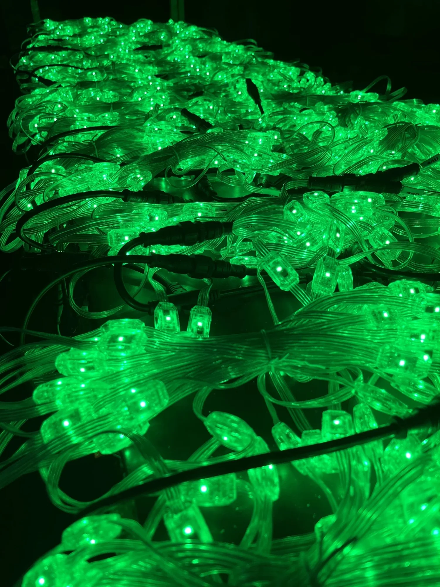 Close-up of strands of individually addressable LED nodes illuminated green during testing
