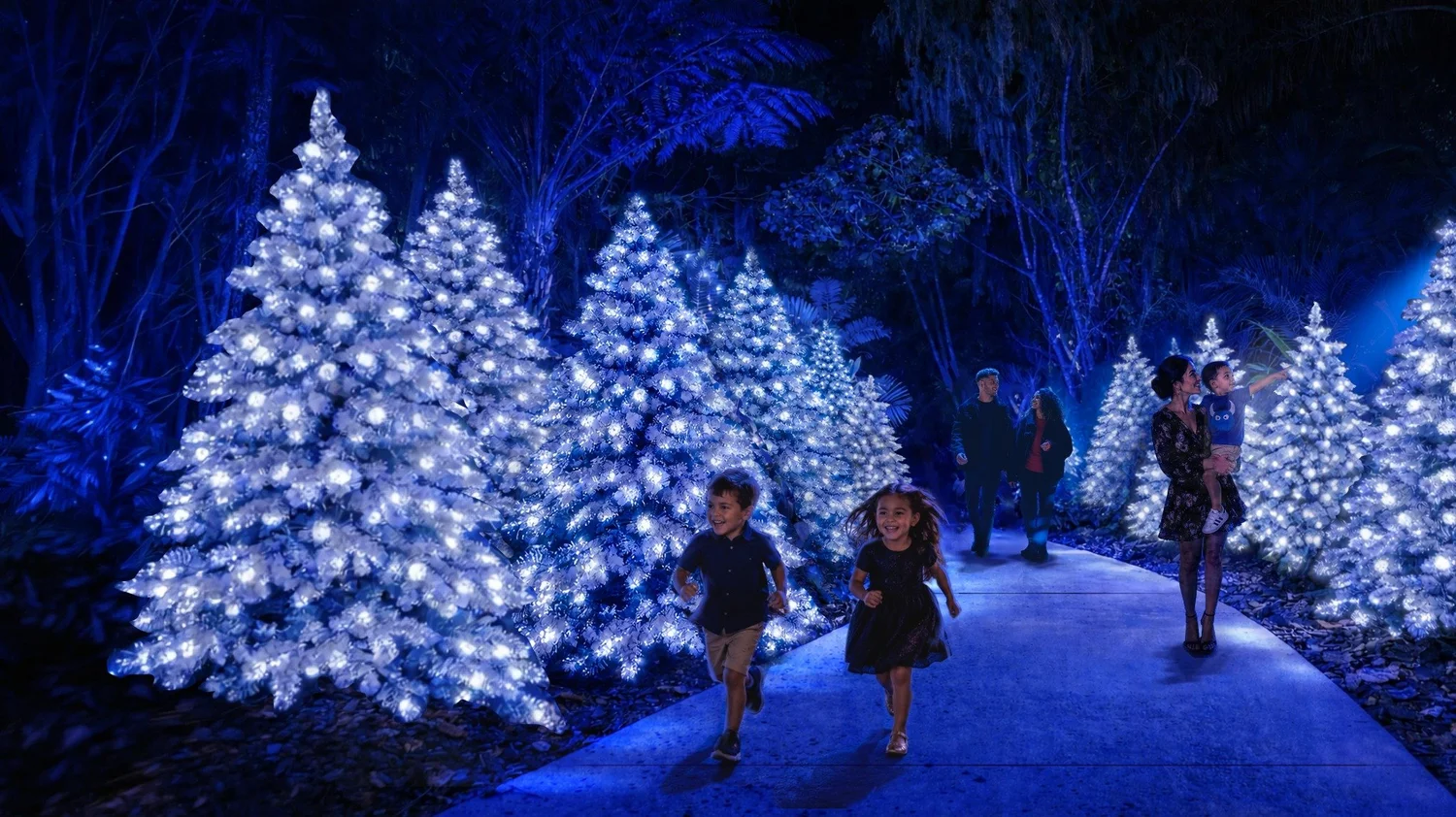 Concept rendering of families walking among glowing snow-covered trees in a tropical garden at night