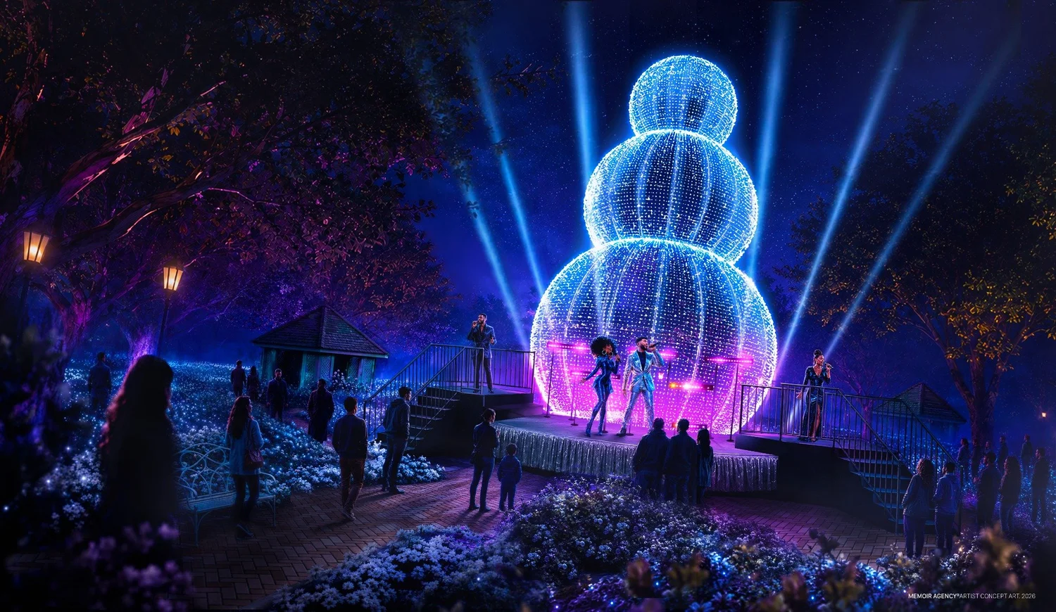 Artist-created concept art of vocalists performing beneath a towering illuminated snowman in the Rose Garden