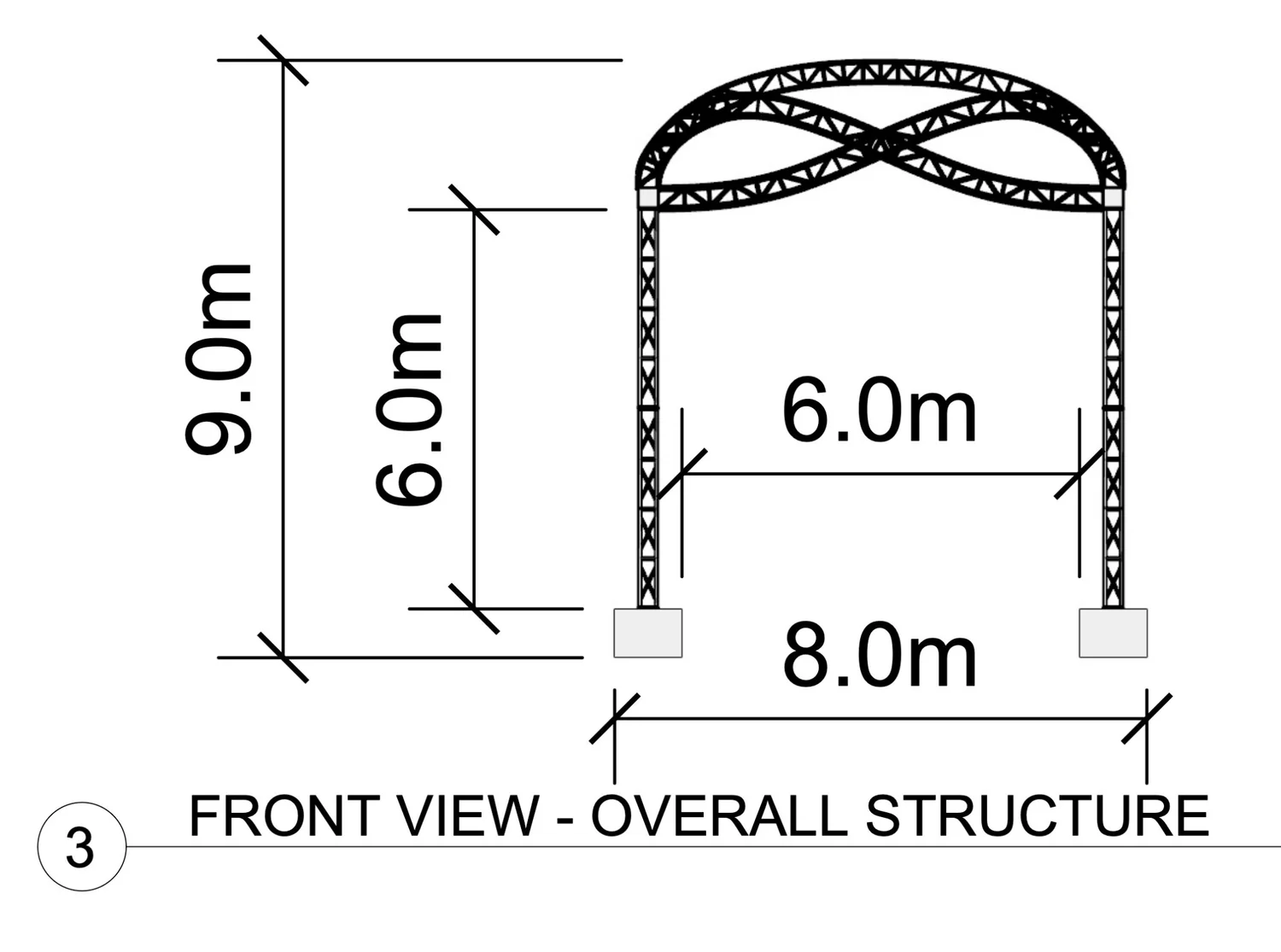 Front technical drawing showing the dimensions and woven arches of the promenade