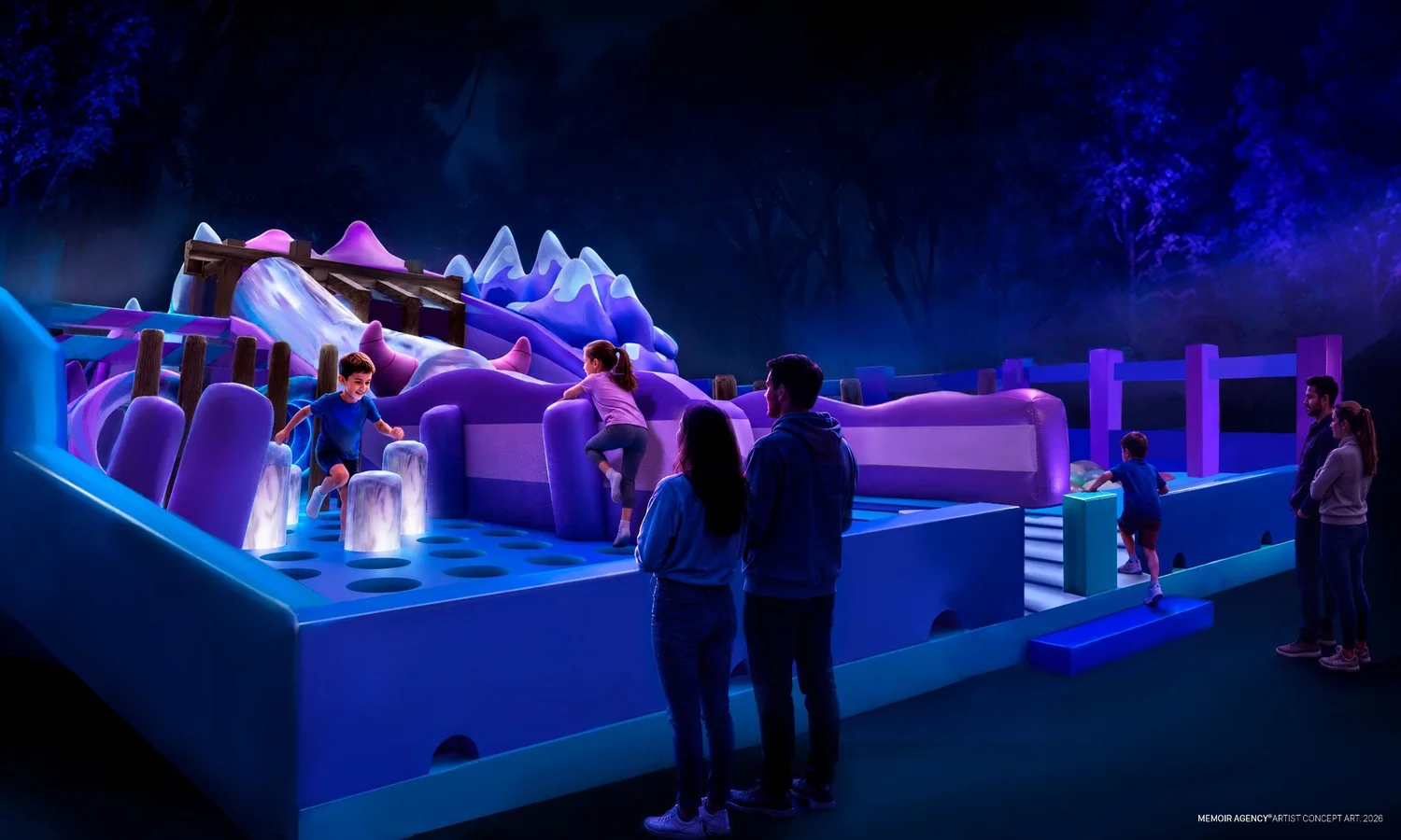 Artist-created concept art of families exploring the illuminated Yeti Mine Adventure obstacle course
