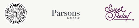 Client logos - Alberta Food Tours, Parsons Dialogue, Sweet Relief, Jocelyn Ross