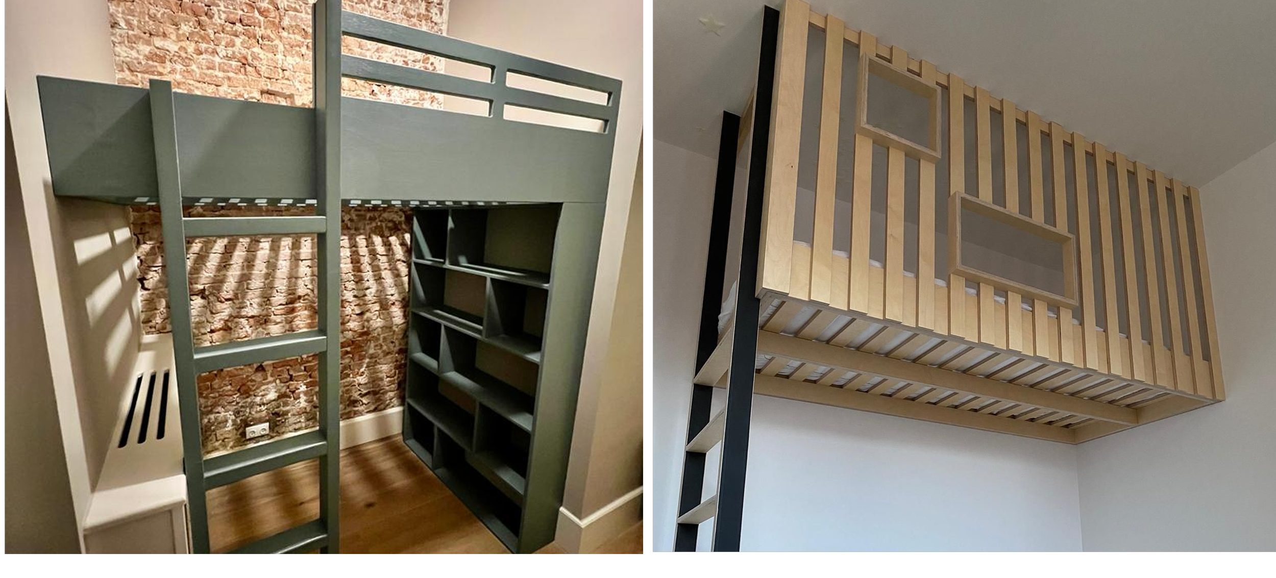 Groene hoogslaper met ladder en open kast eronder