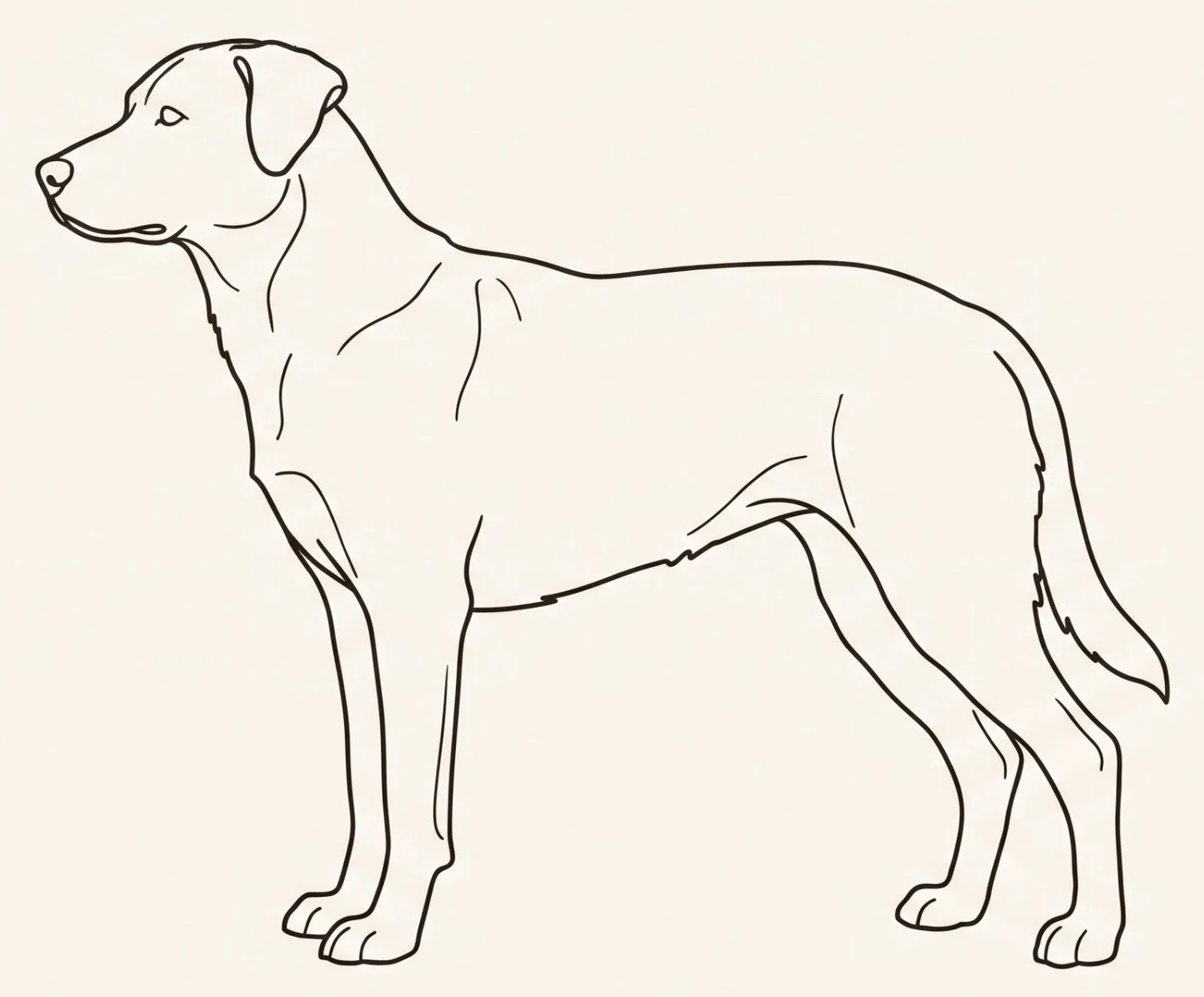 Side-view line drawing of a standing adult dog with twelve numbered structural landmarks: withers, shoulder, upper arm, elbow, pastern, topline, loin, croup, hip, stifle, hock, and feet