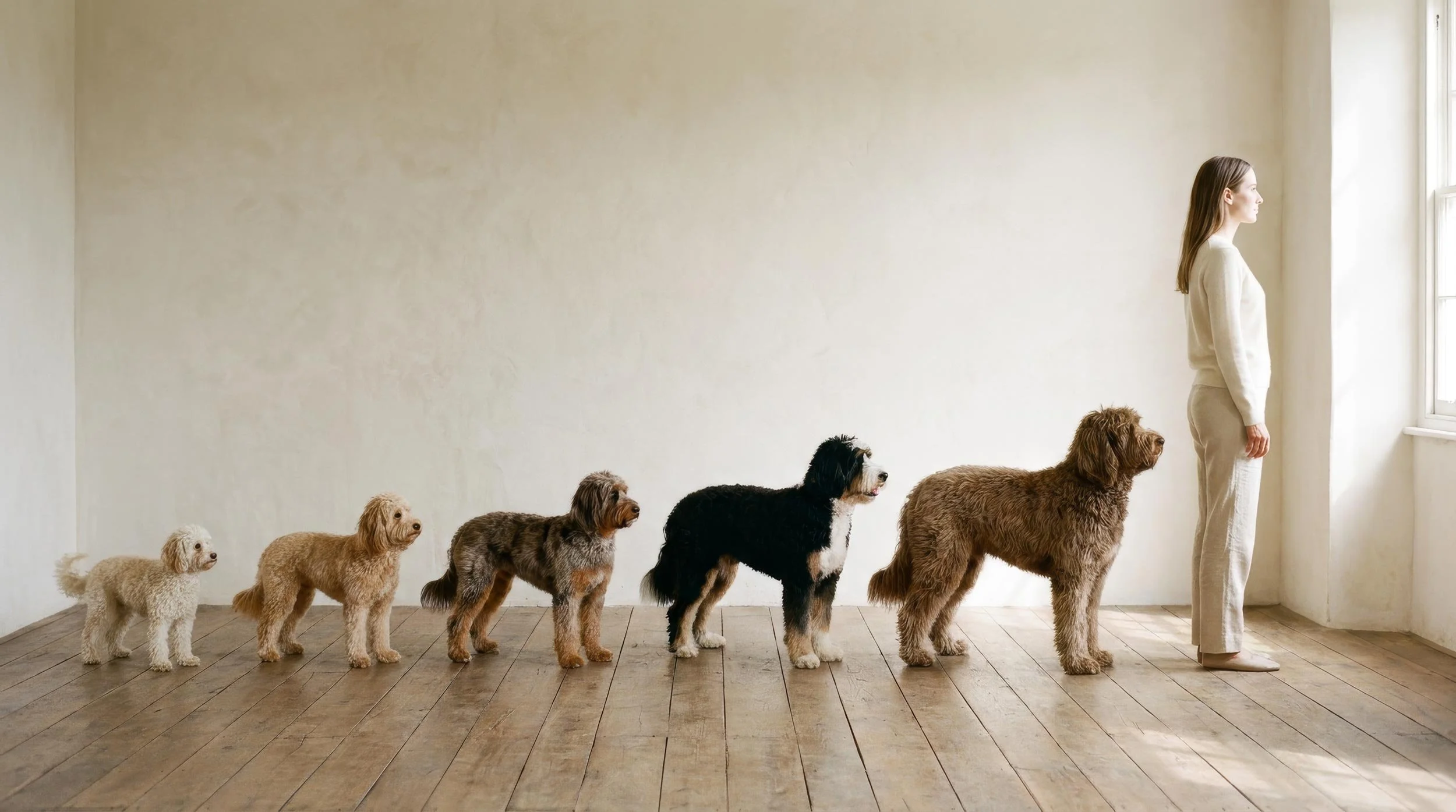 Stokeshire doodles arranged in ascending size from Toy through Ultra, shown in profile against a warm plaster wall on weathered oak flooring, with a five-foot-eight-inch woman at the right edge as a human scale reference for The Stokeshire Doodle Size Standard.