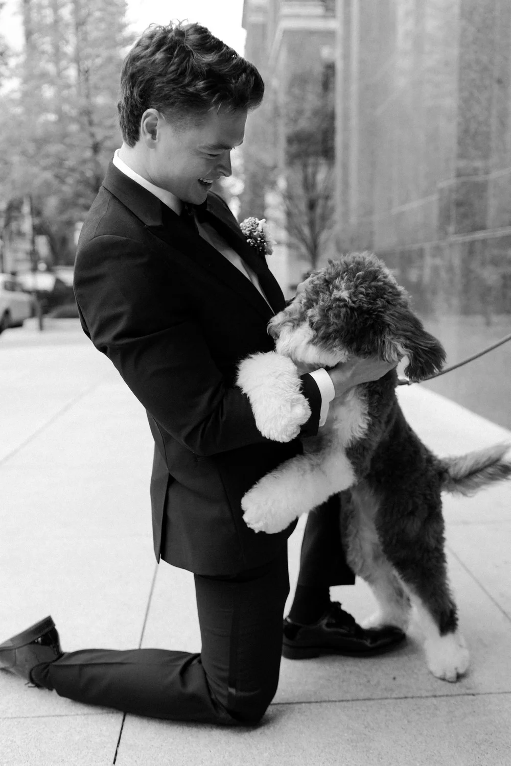 Black and white photo of a smiling groom kneeling on a city sidewalk as his Australian Mountain Doodle puppy jumps into his arms.