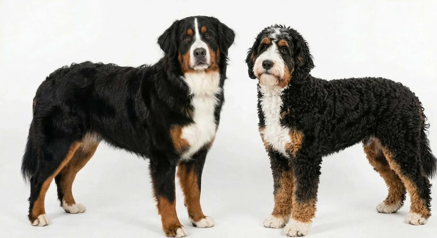 Bernese Mountain Dog and Bernedoodle standing side by side showing the difference in coat type, size, and build between the purebred and the intentional cross