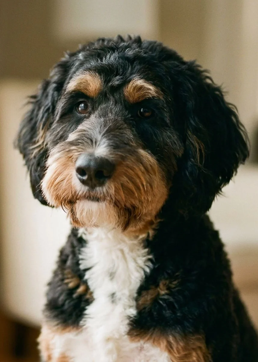 F/F homozygous furnished doodle puppy showing full beard and eyebrows