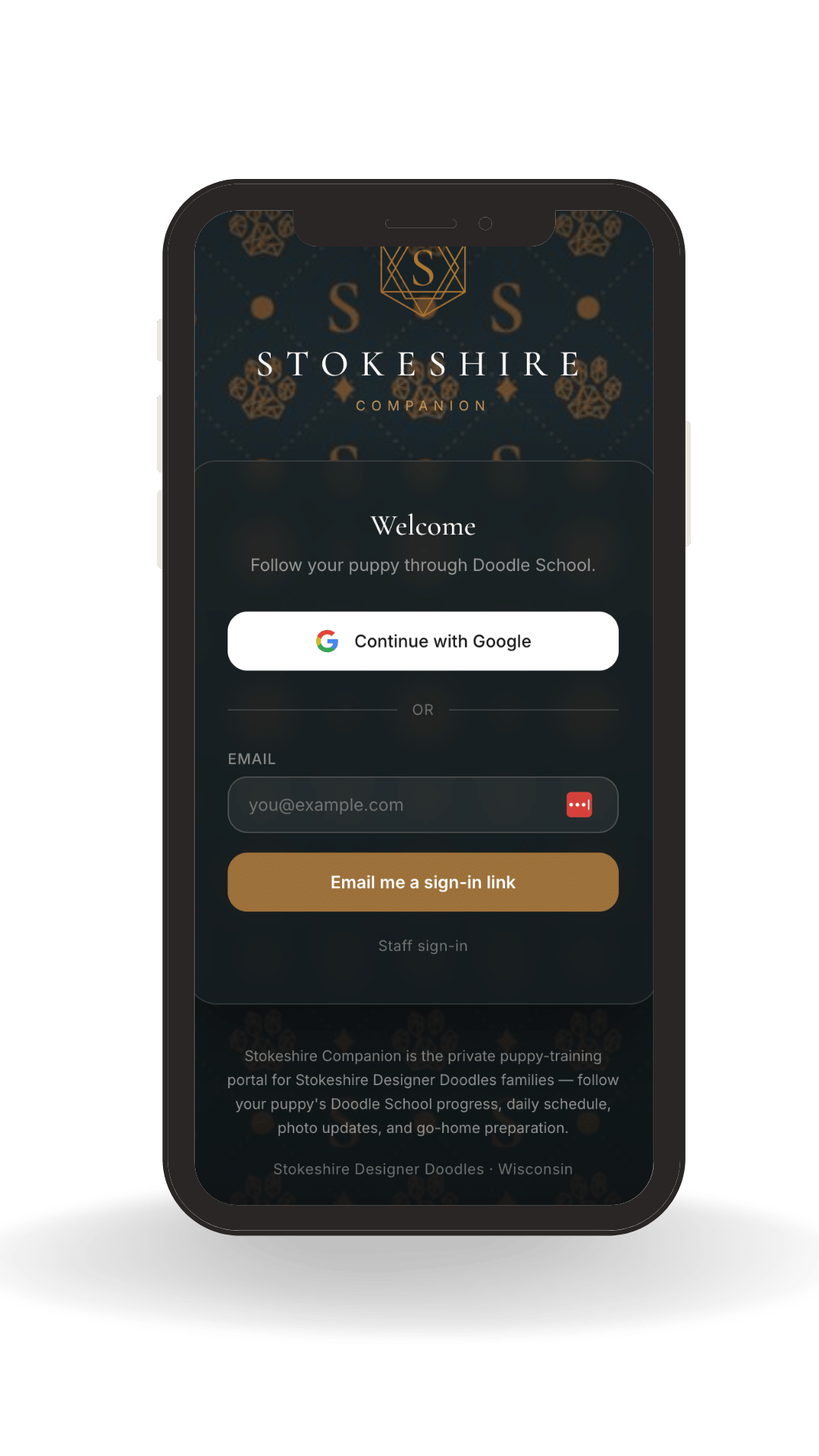 Stokeshire Companion App showing a puppy's daily training updates and developmental notes