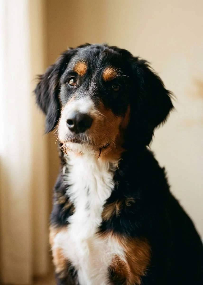 Fw/IC weak furnished doodle puppy showing partial furnishings — sparser beard and less pronounced eyebrows