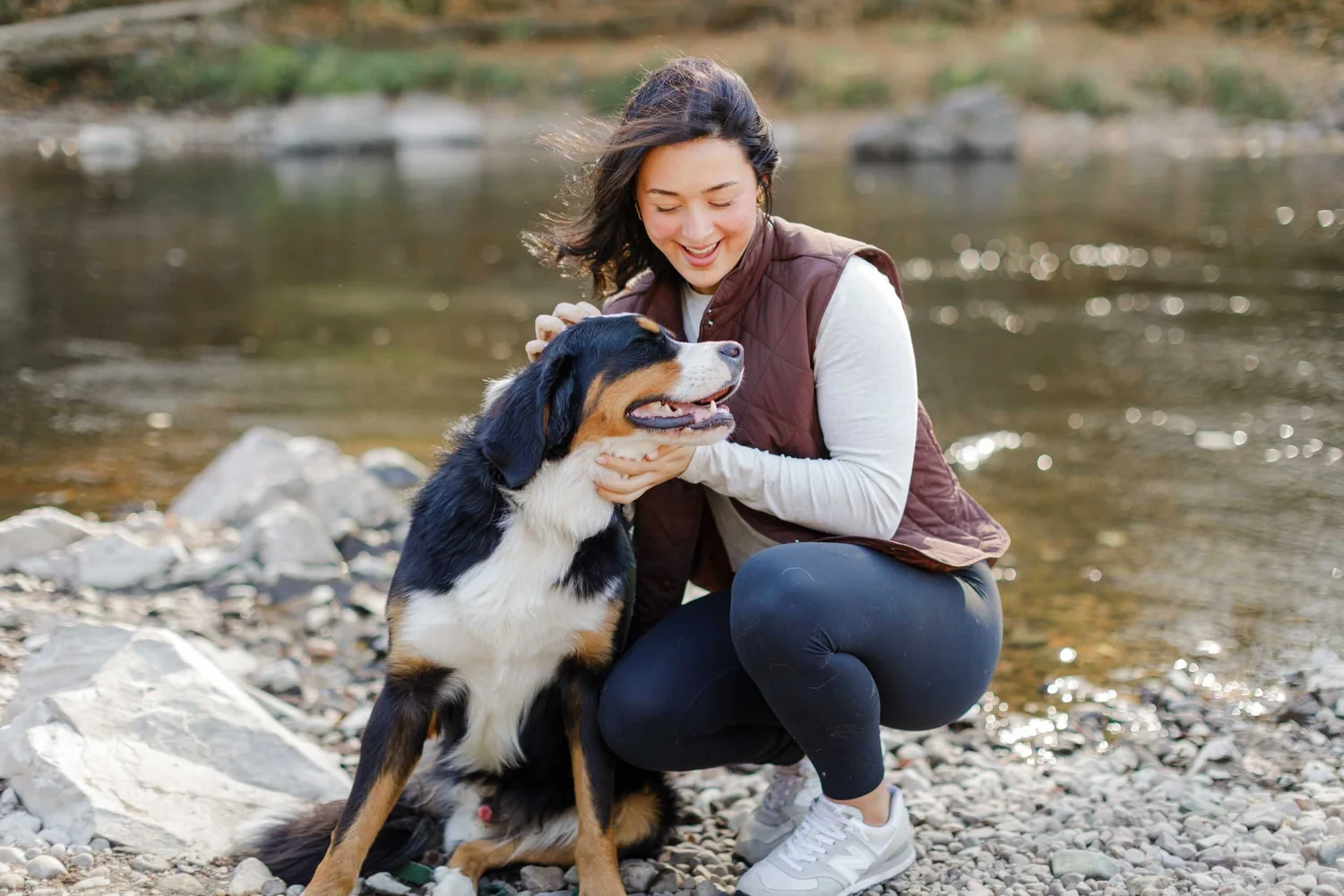 A Stokeshire dog and its owner on the riverbank at Rib Falls, Wisconsin