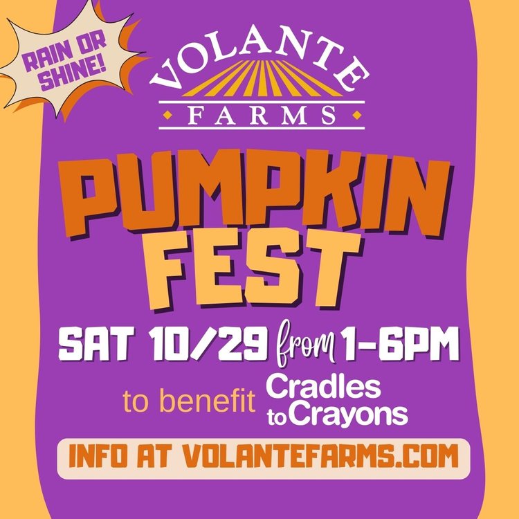 Rain or Shine! Volante Farms Pumpkin Fest Sat 10/29 from 1-6 pm to benefit Cradles to crayons Info at volantefarms.com