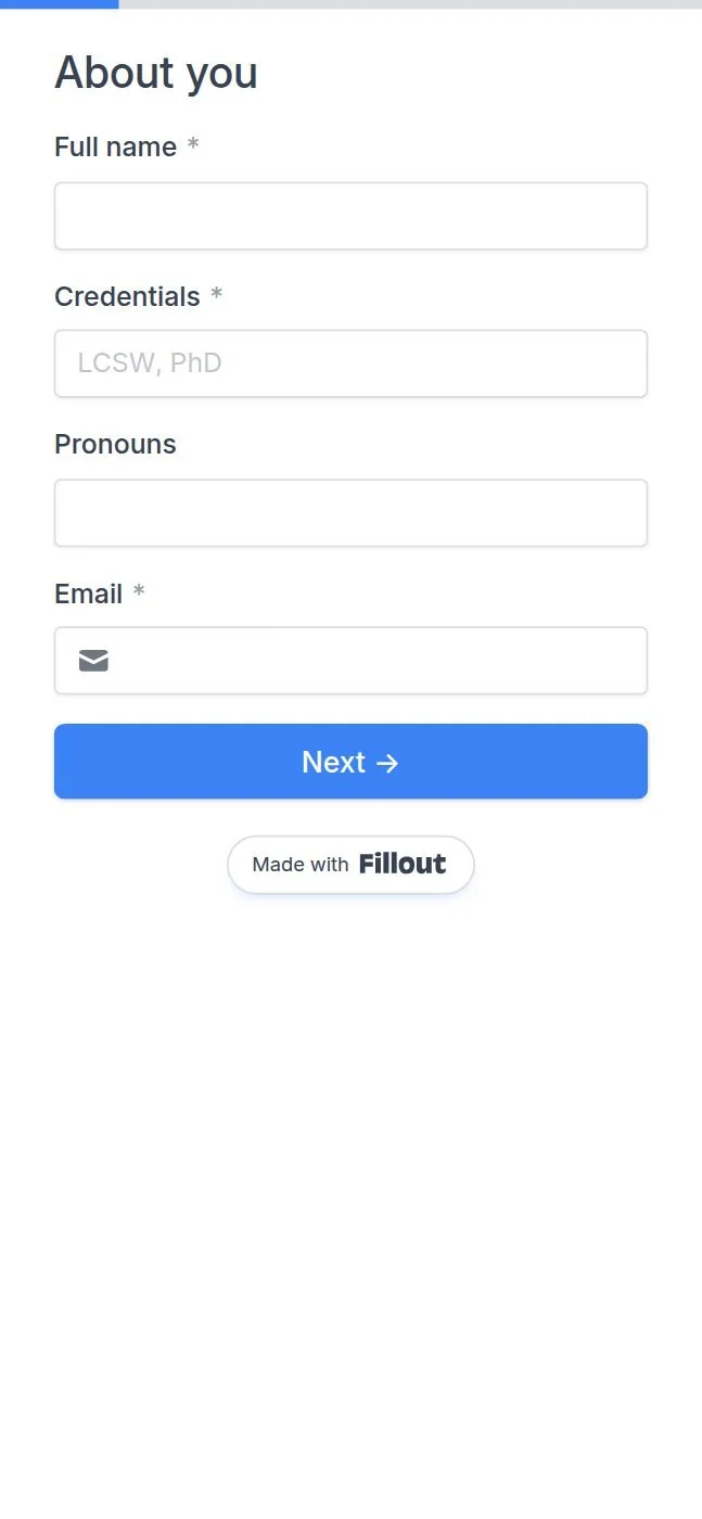 The first page of the Grounded join form on a phone, asking for full name, credentials, pronouns, and email