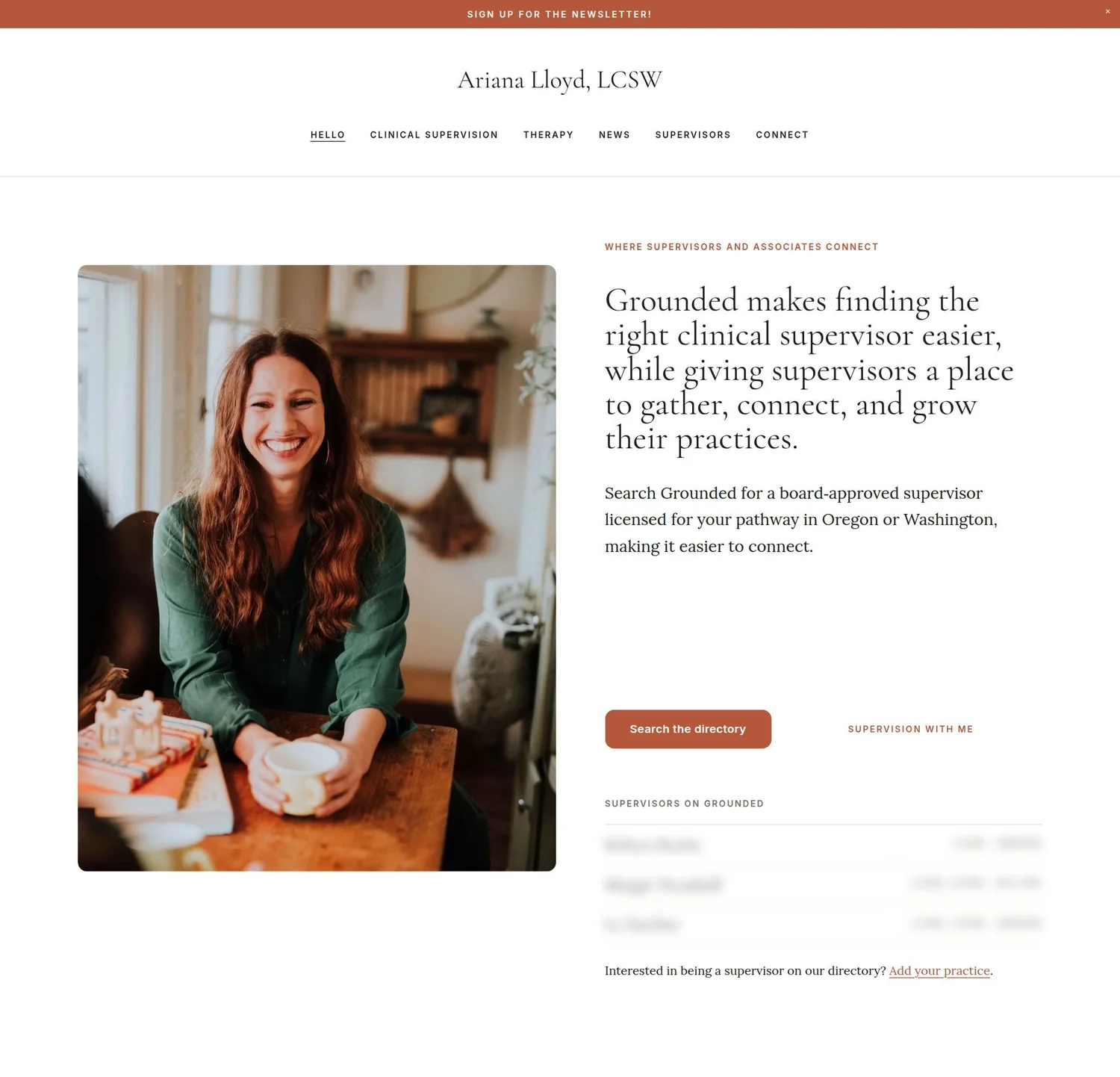 Ariana Lloyd's new homepage, with her photo, a headline about Grounded, and buttons to search the directory or learn about supervision