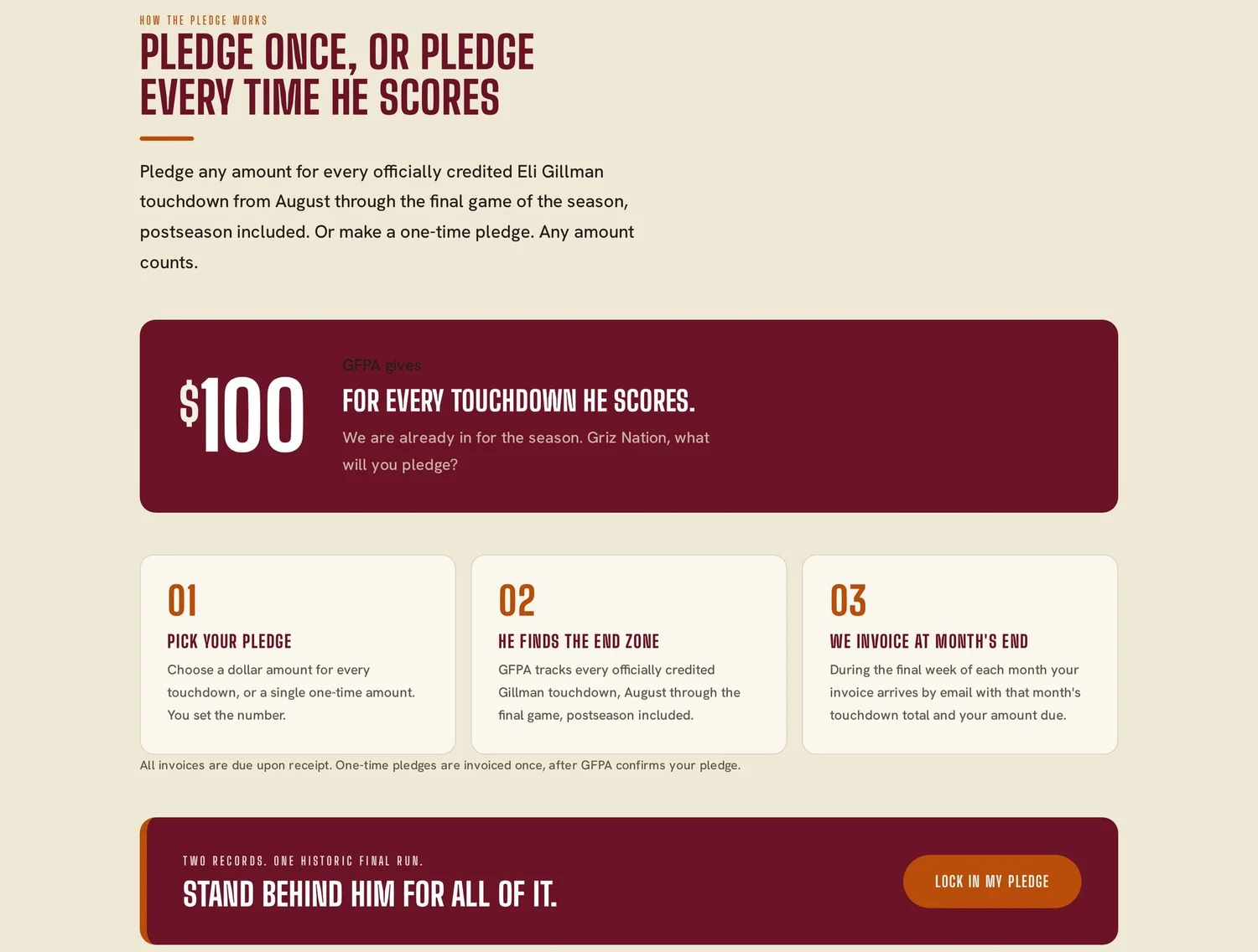 How the Eli Gillman Touchdown Pledge works: GFPA gives $100 per touchdown, and supporters choose an amount and are invoiced monthly