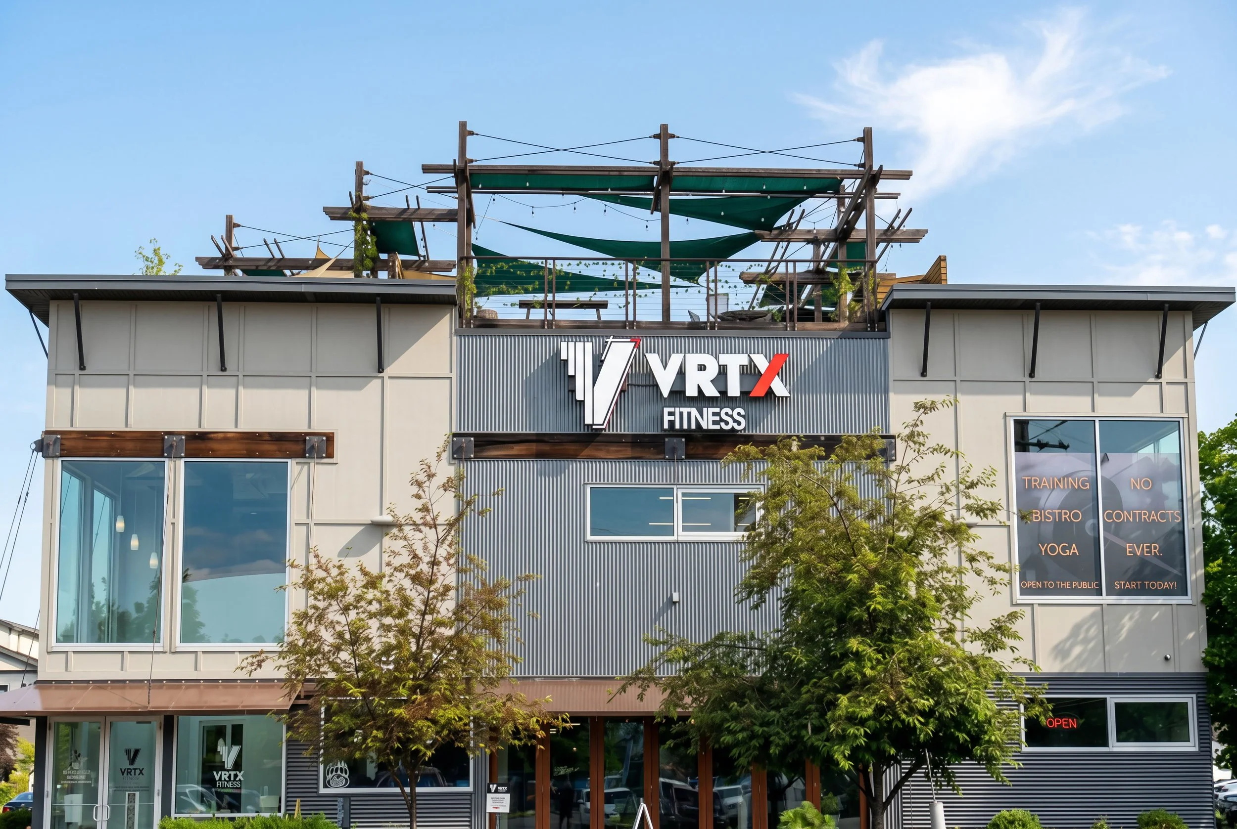 VRTX Fitness exterior signage in Missoula, Montana, designed by John August Design
