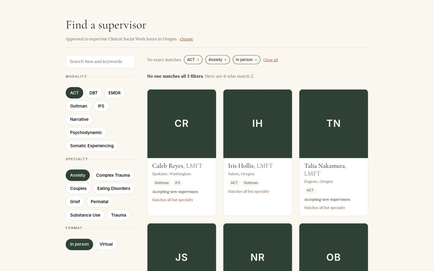 Directory results when no one matches all three filters, showing supervisors who match two, each labeled with what they are missing