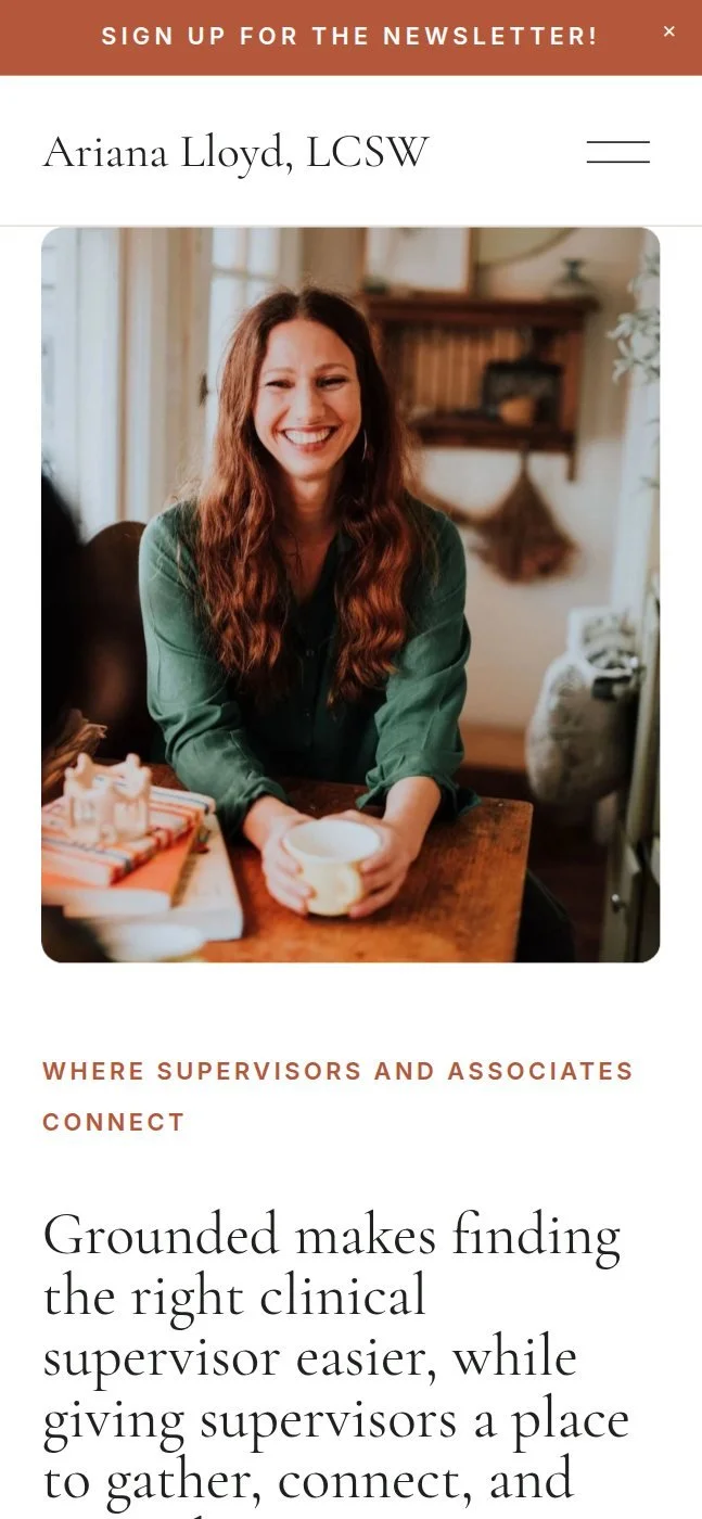 Ariana Lloyd's homepage on a phone, with her photo and the headline about Grounded making it easier to find a clinical supervisor