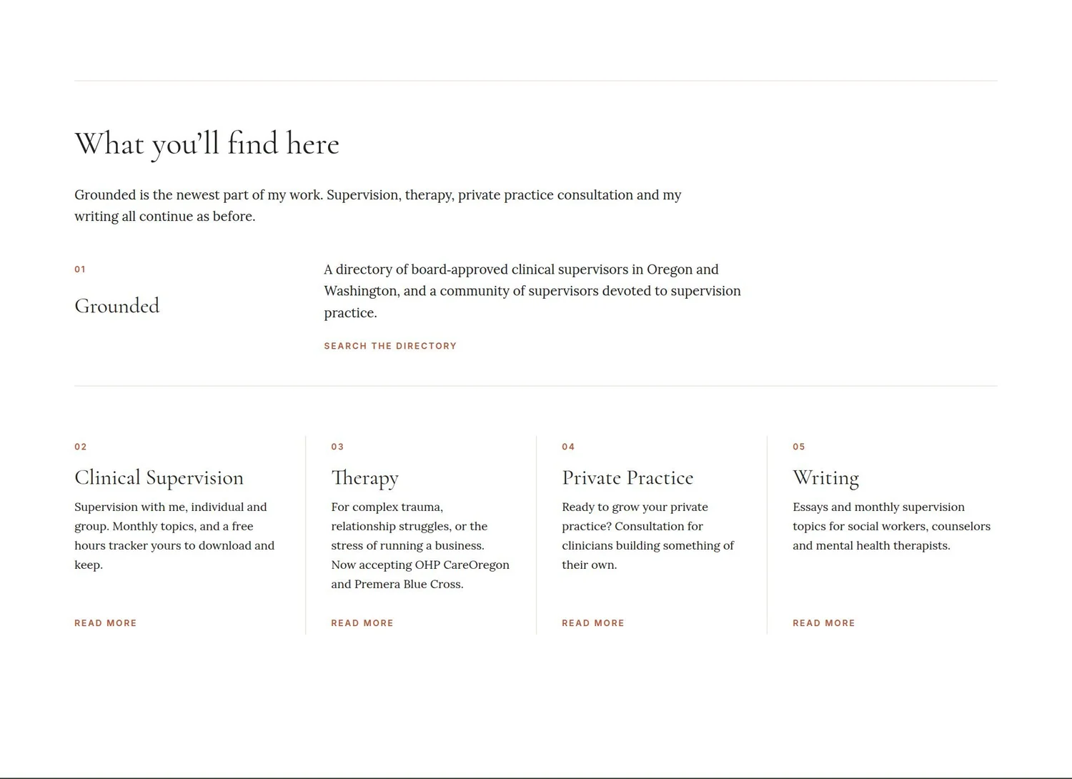 Homepage section titled What you'll find here, with Grounded first and then clinical supervision, therapy, private practice, and writing