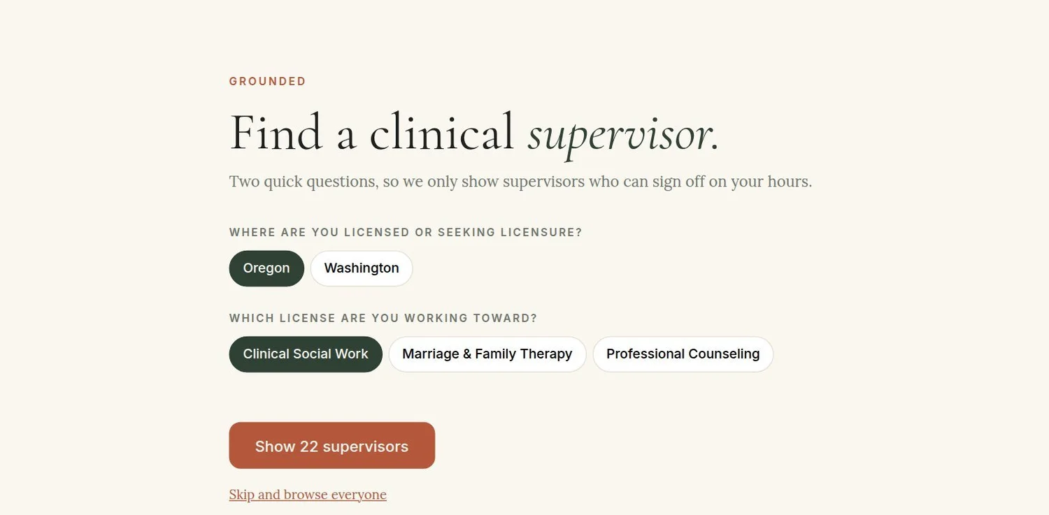 The start of the Grounded directory, asking where you are licensed or seeking licensure and which license you are working toward