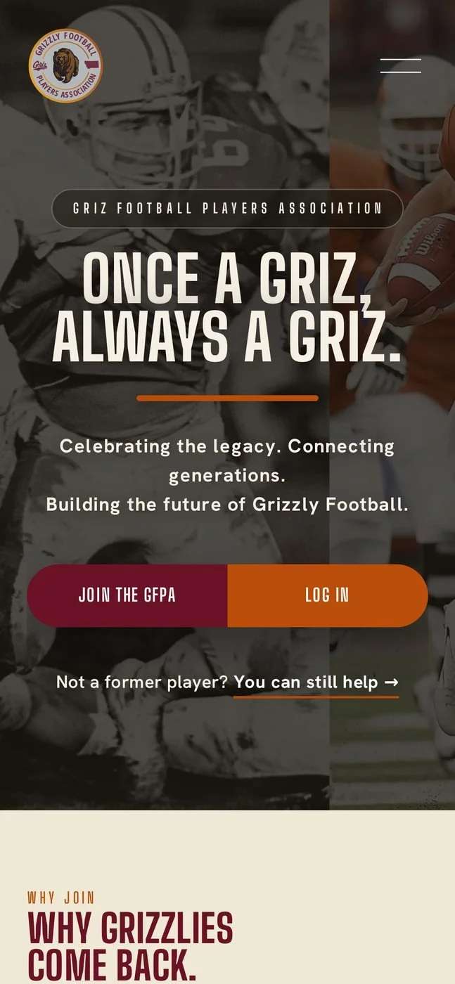 GFPA homepage on a phone, with the headline Once a Griz, Always a Griz and buttons to join or log in