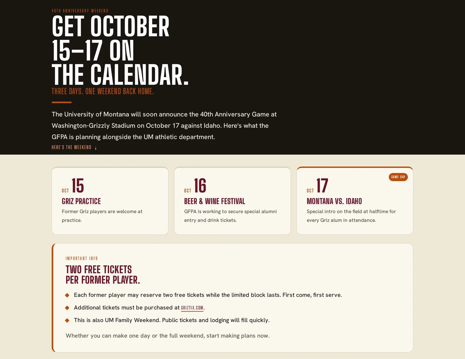 GFPA events page for the Washington-Grizzly Stadium 40th Anniversary Weekend, October 15 to 17