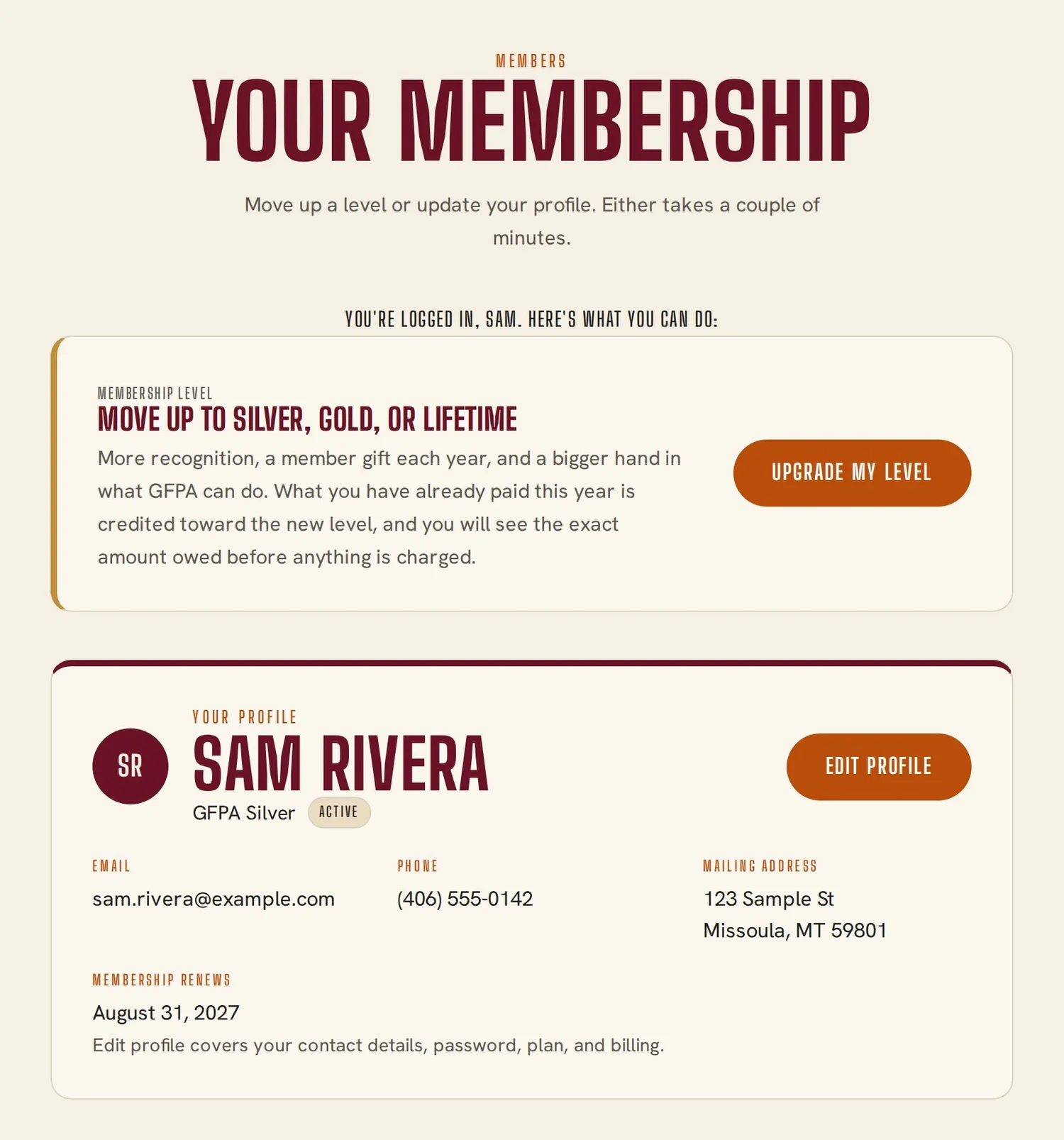 GFPA members hub after login, with an upgrade panel and a profile card showing name, level, email, phone, address, and renewal date