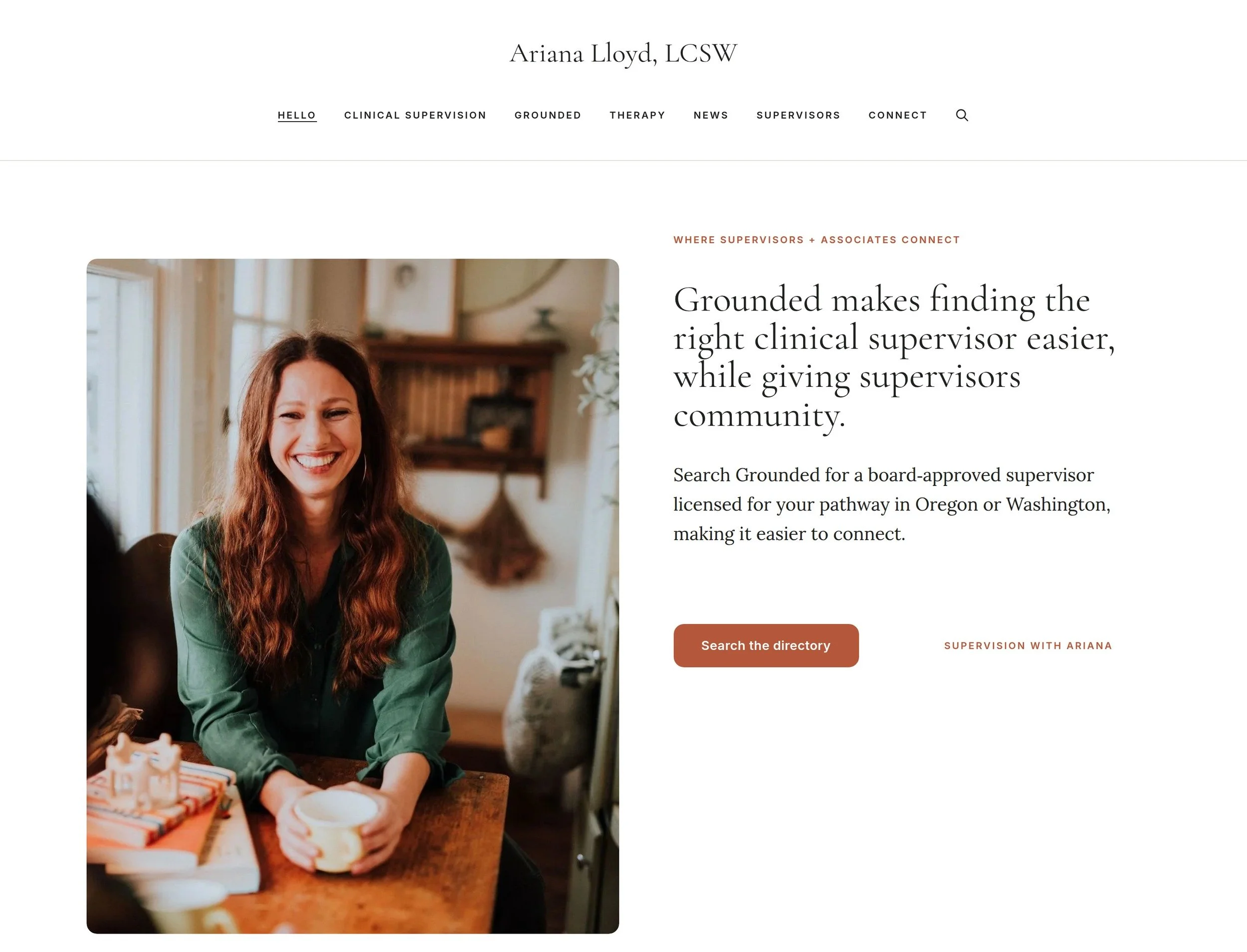 Ariana Lloyd's homepage, leading with the Grounded clinical supervisor directory