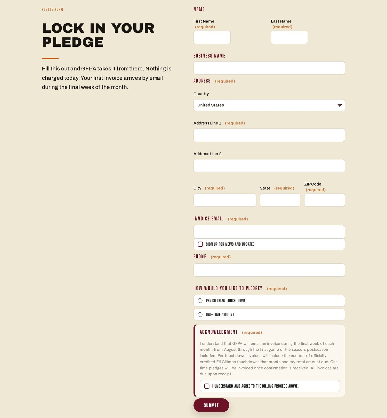 Eli Gillman pledge form with name, address, invoice email, a choice of per-touchdown or one-time pledge, and a billing acknowledgment