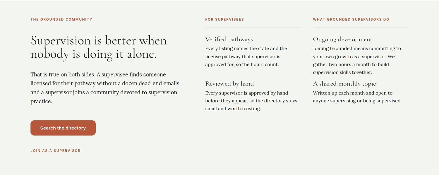 Homepage section about the Grounded community, headed Supervision is better when nobody is doing it alone