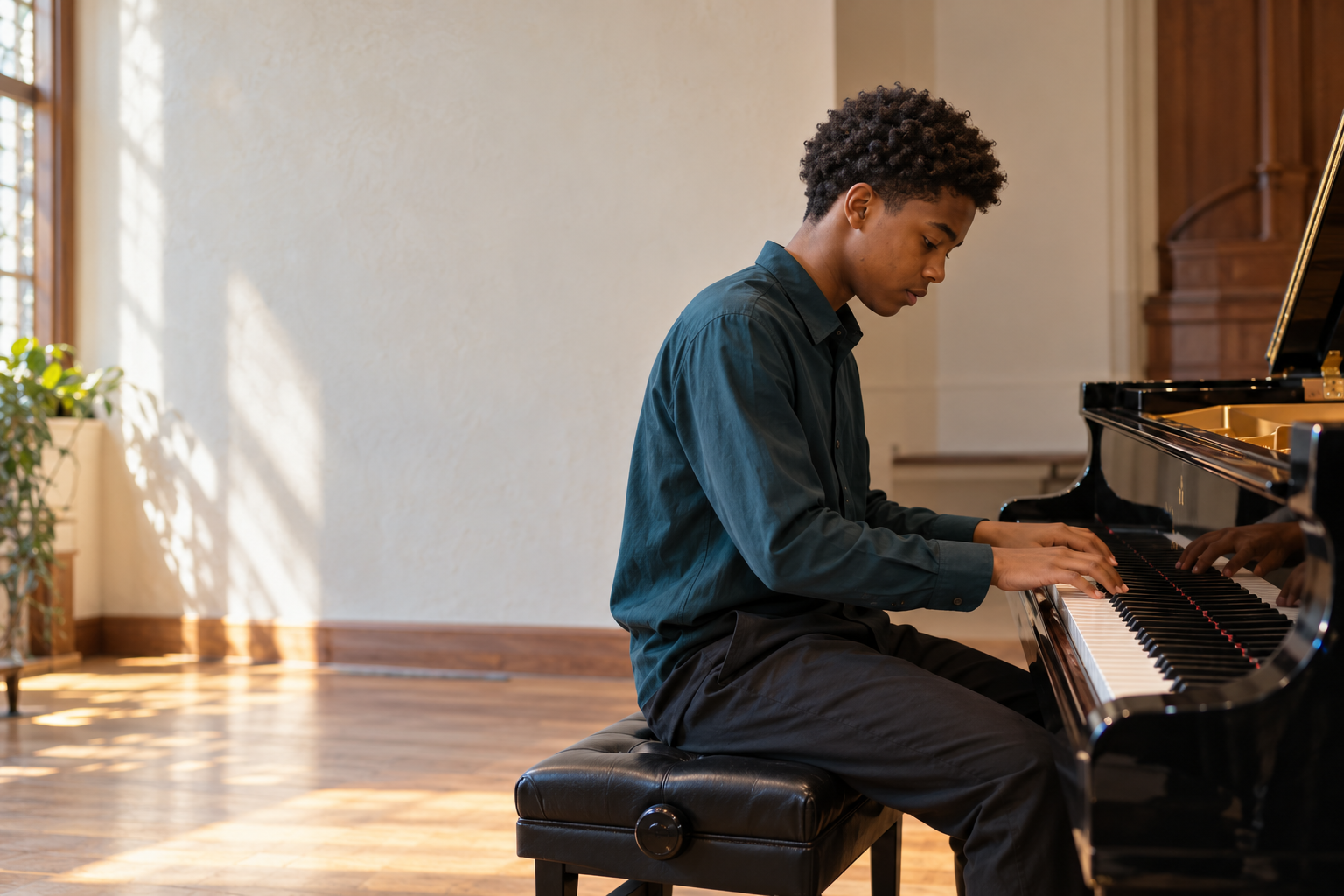 Illustrative scene of a teenage pianist playing a grand piano
