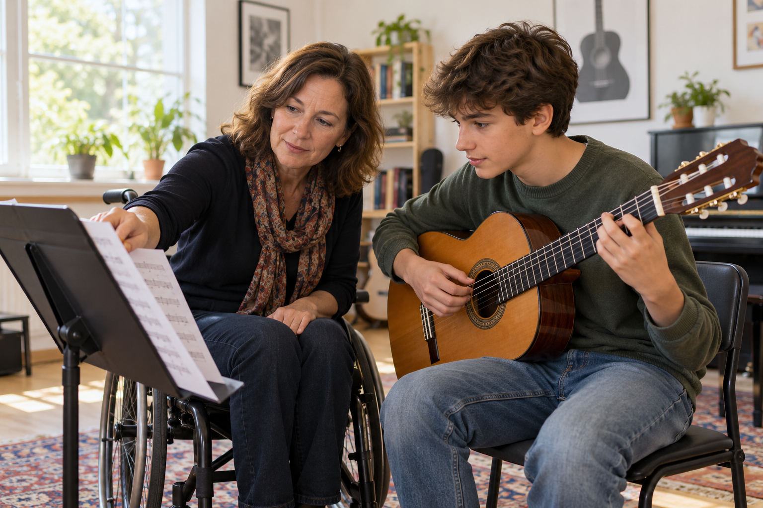 Illustrative scene of a music teacher coaching a teenage classical guitarist