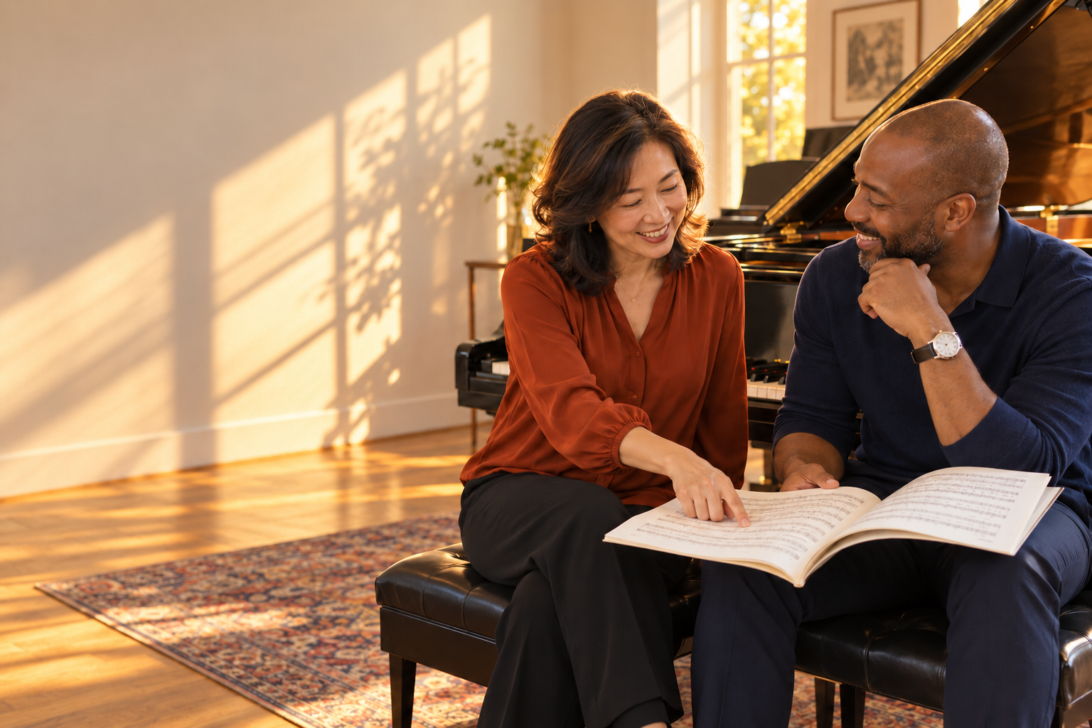 Illustrative scene of two adult music teachers discussing a score together beside a grand piano