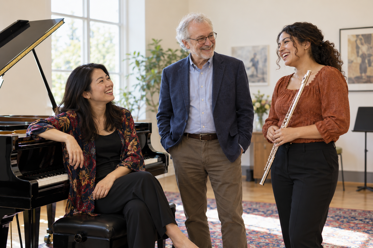 Illustrative scene of three musicians sharing a conversation beside a grand piano