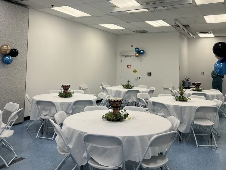 The Banquet Hall with tables set for an event