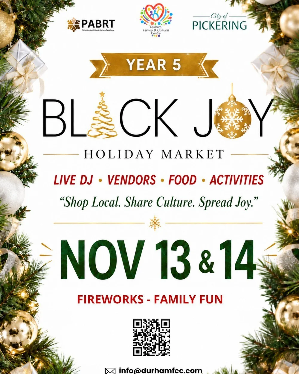 Year 5 Black Joy Holiday Market flyer: Nov 13 and 14, fireworks and family fun