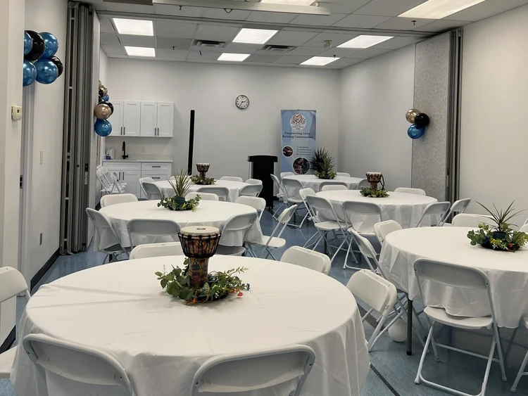The Banquet Hall at DFCC set with round tables and chairs