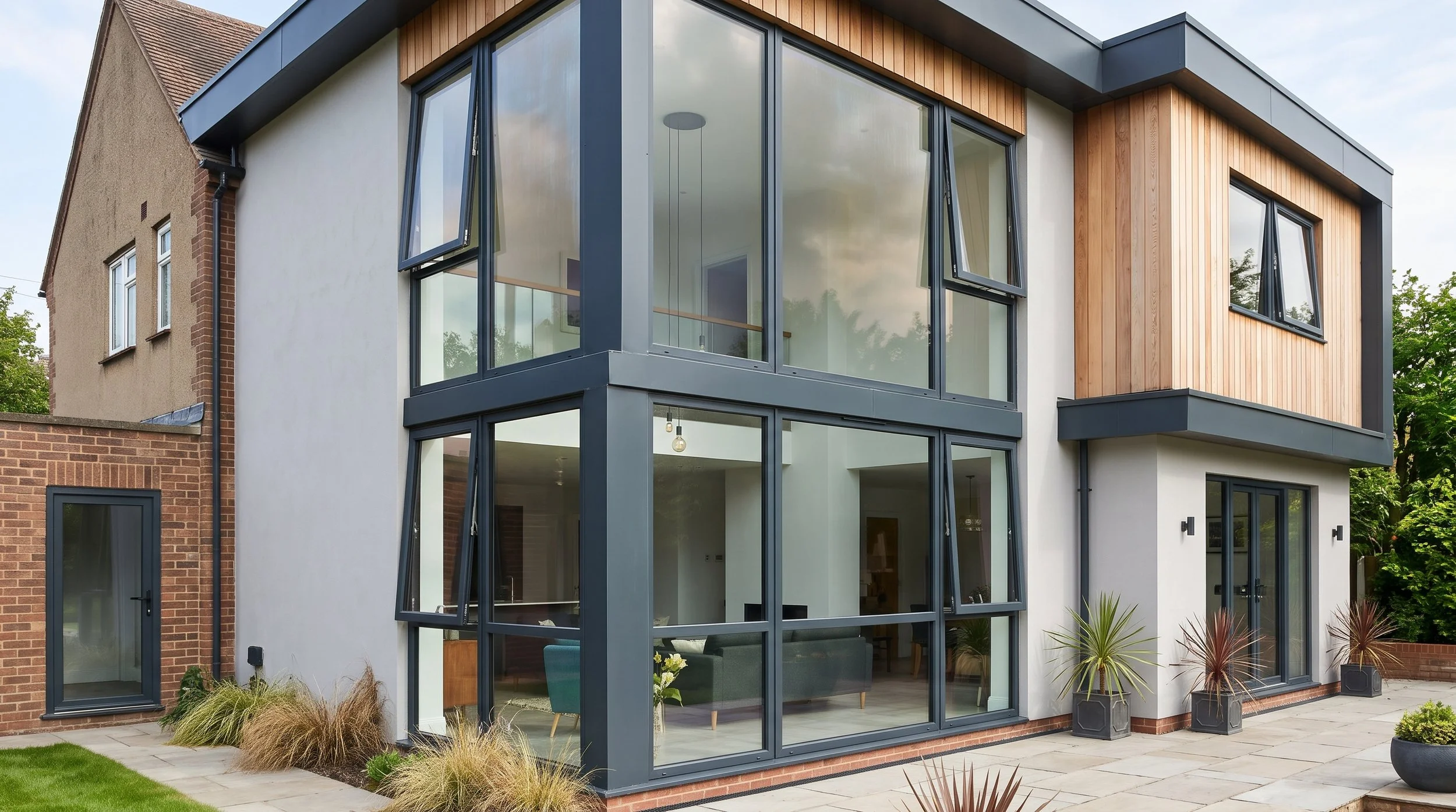 Modern energy-efficient aluminium and uPVC casement windows on a residential home extension