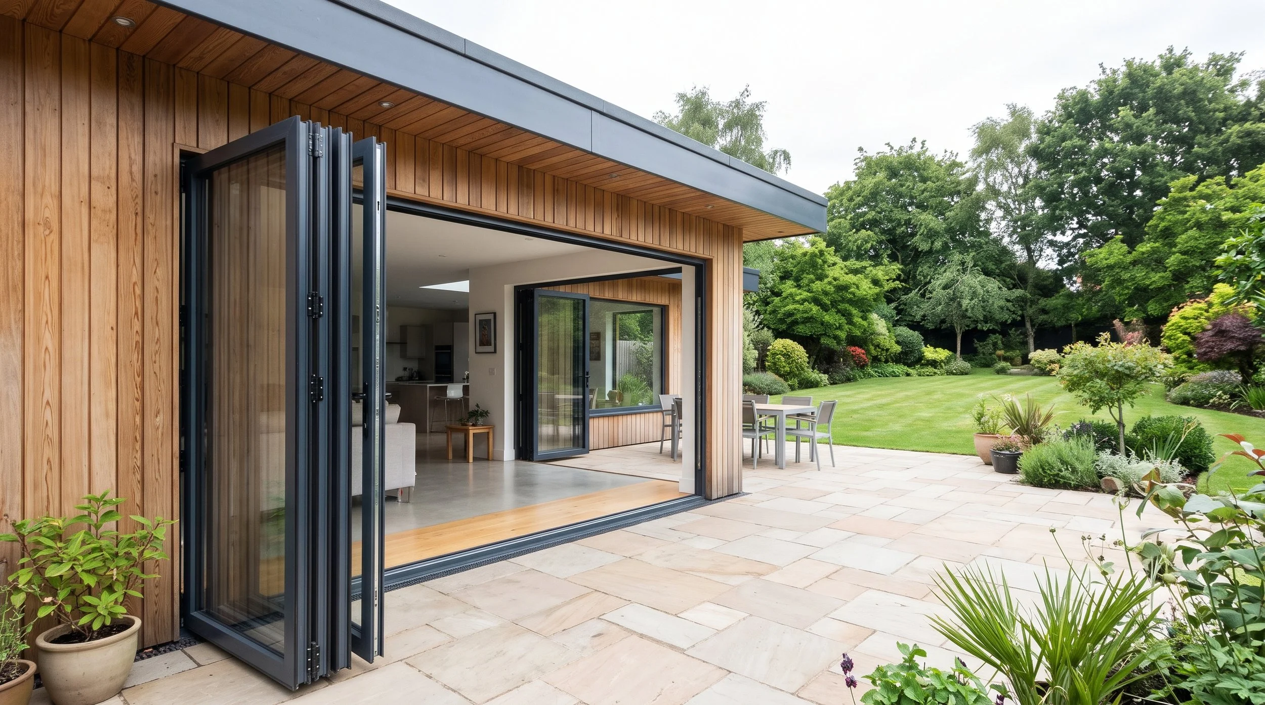 Smart Visofold anthracite grey aluminium bifold doors opening out to a patio terrace