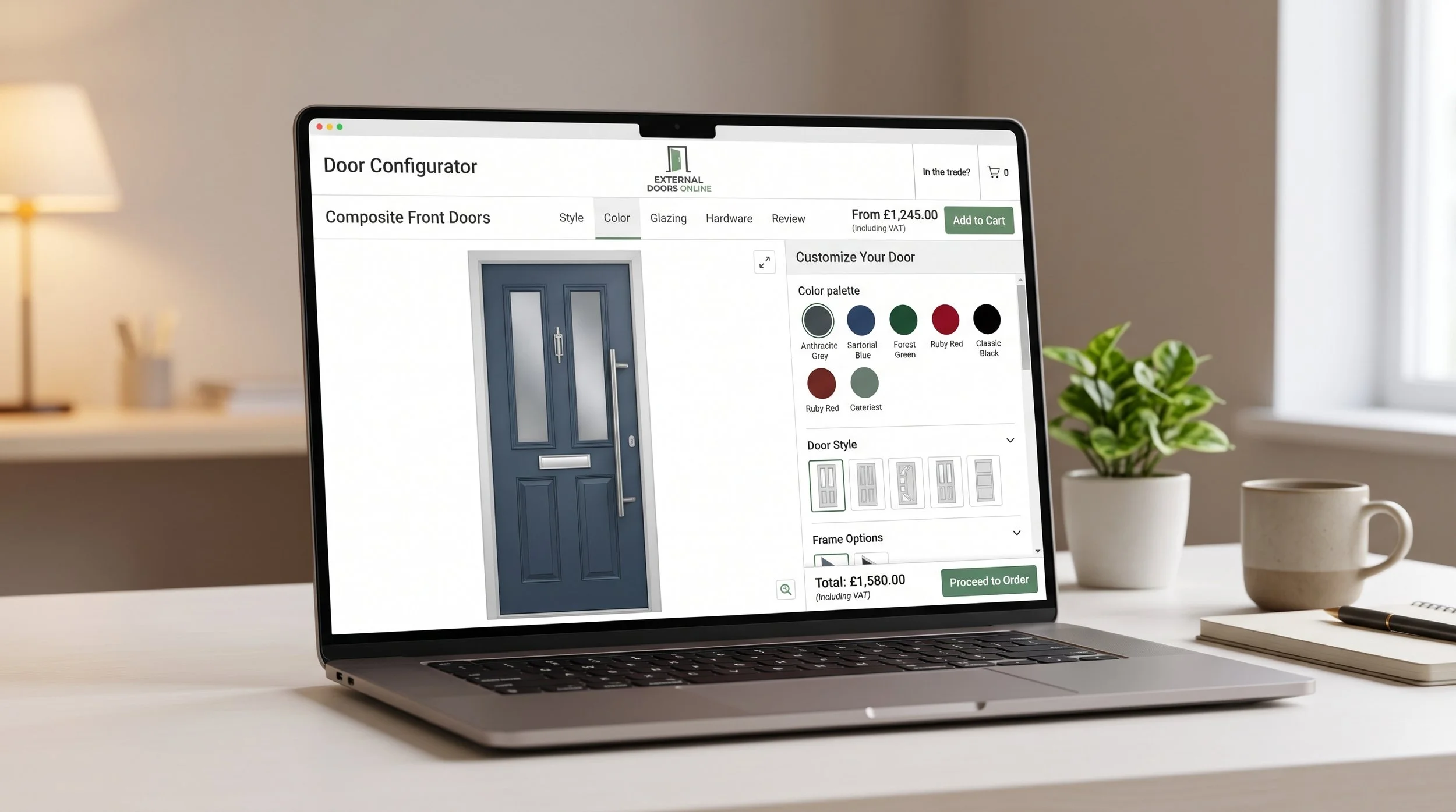 External Doors Online interactive online door designer interface showing real-time live pricing, custom RAL colour palette, and composite front door specification on a laptop screen