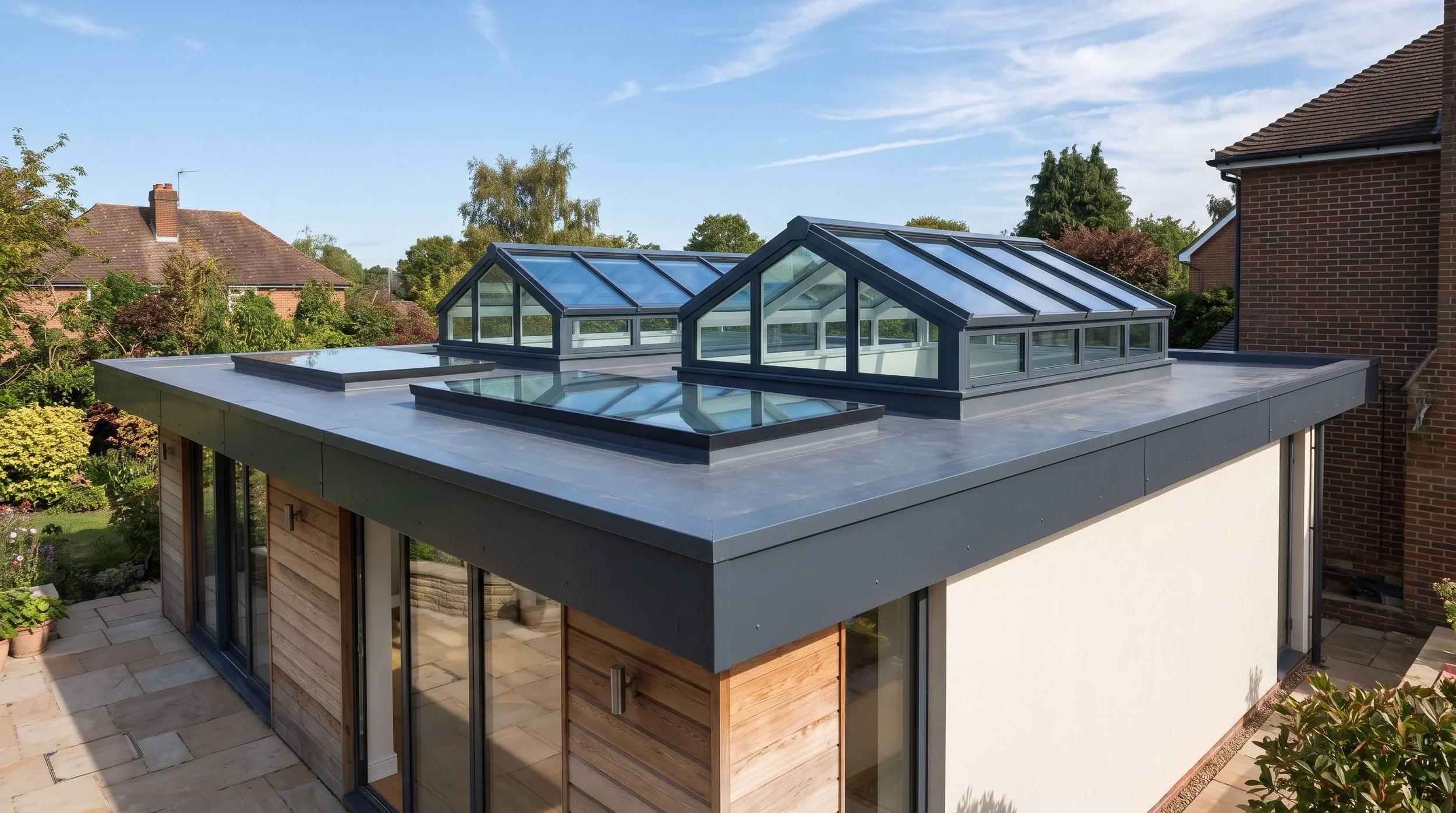 Architectural flat glass rooflights and pitched aluminium roof lanterns on a modern home extension