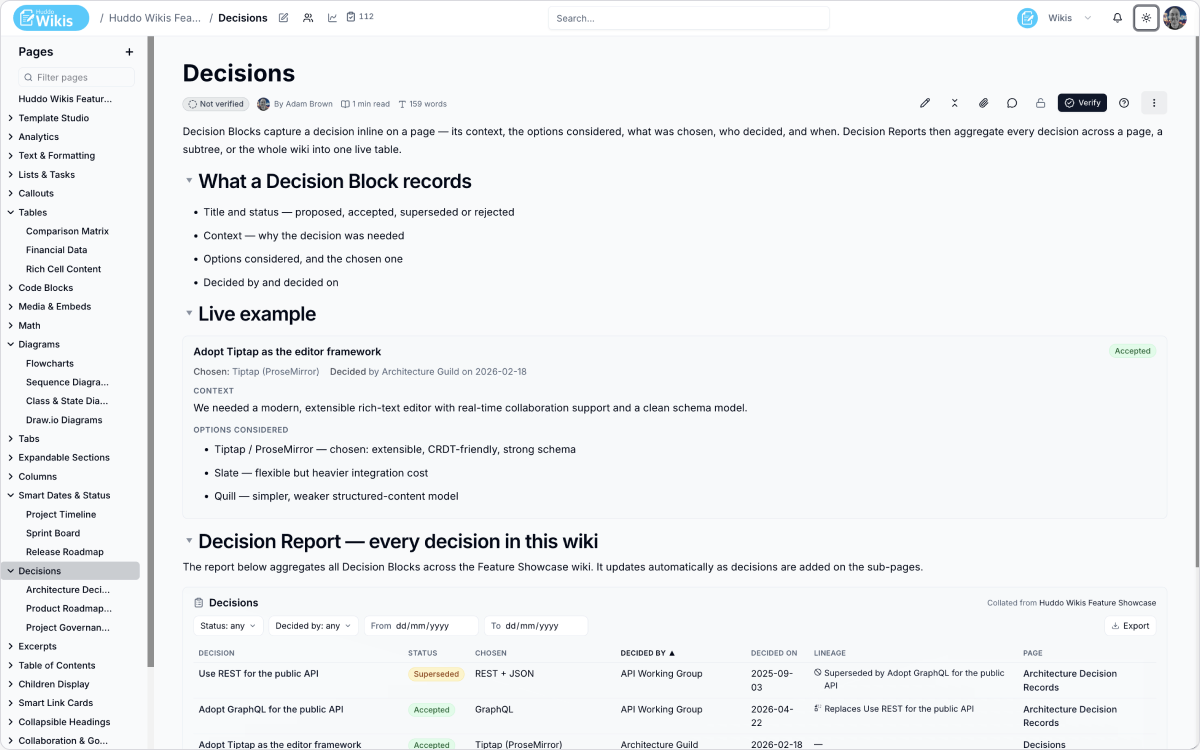 Decision Block and Decision Report in Huddo Wikis